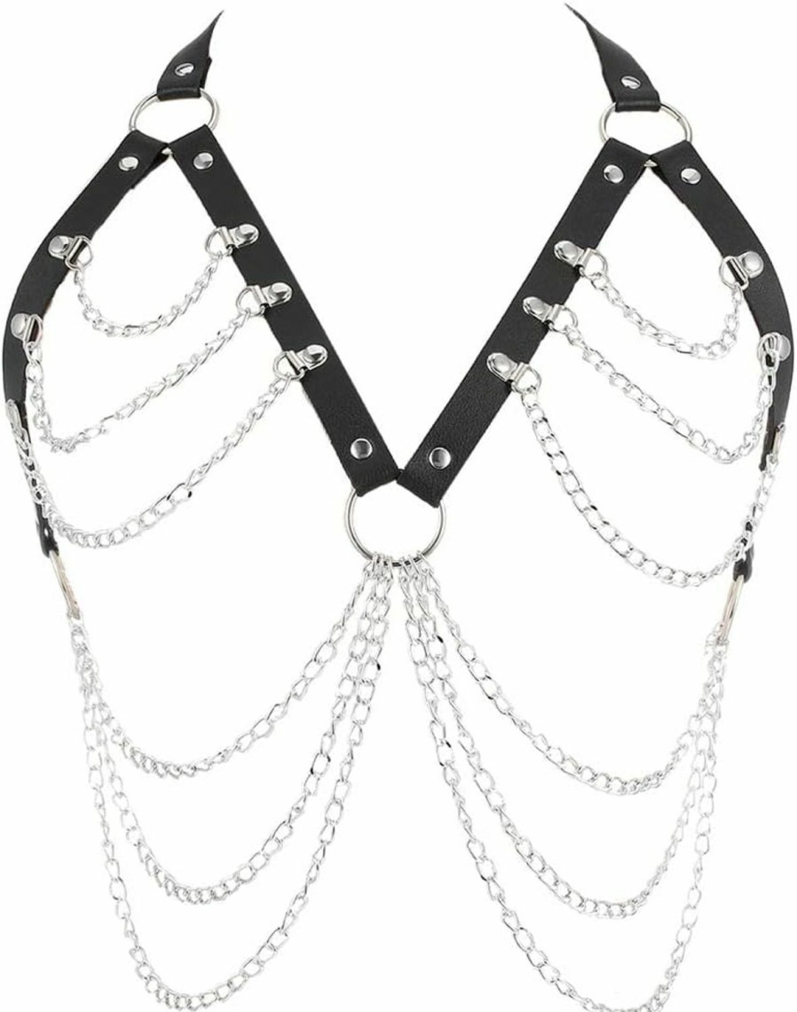 Body Chains | Obmyec Obmyec Sexy Punk Leather Body Chain Harness Bikini Bra Body Chain Black Layered Chest Chains Nightclub Prom Body Accessories For Women And Girls