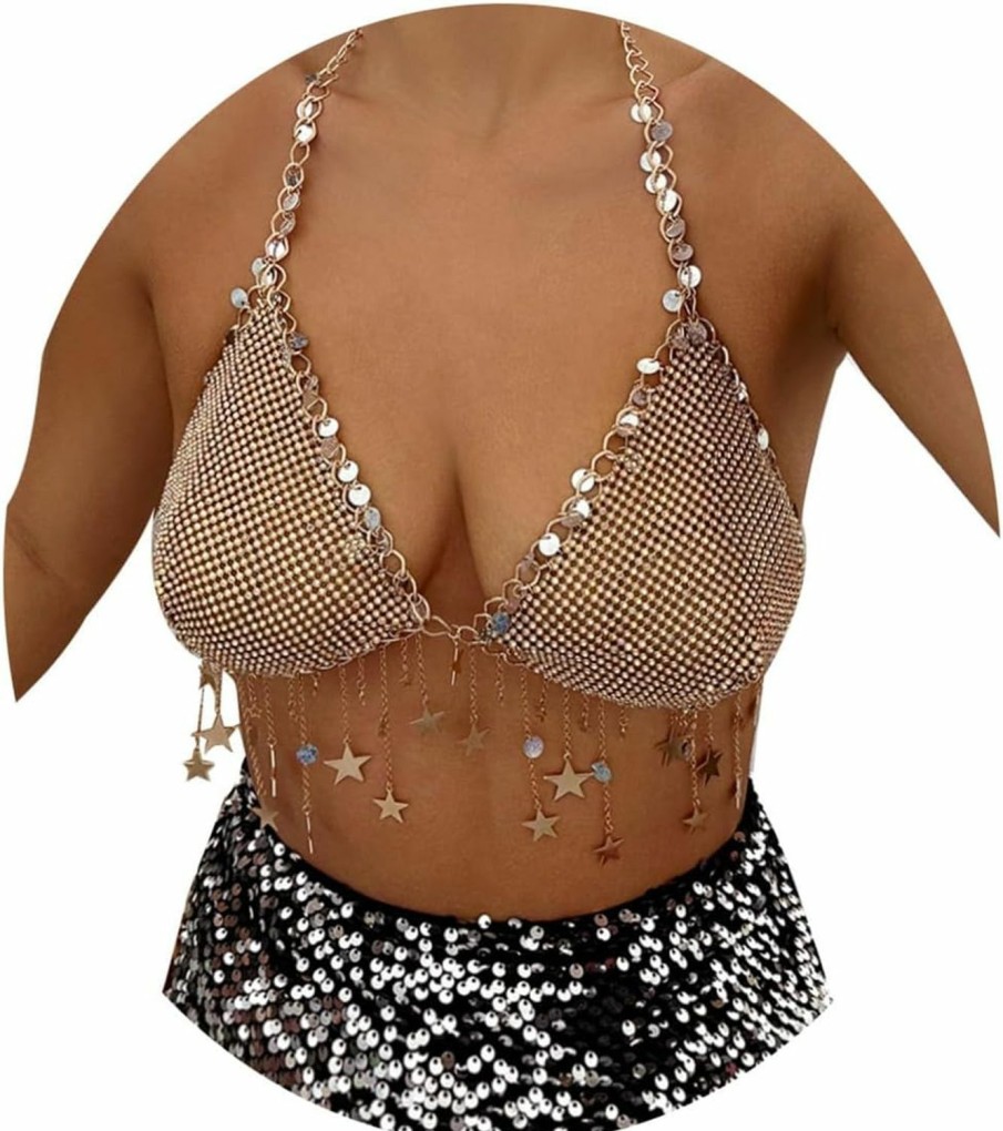 Body Chains | Eyraevor Women Sparkly Rhinestone Mesh Halter Bra Top Sequins Stars Chest Bikini Halter Crop Top Body Chain Jewerly For Festival Party Top