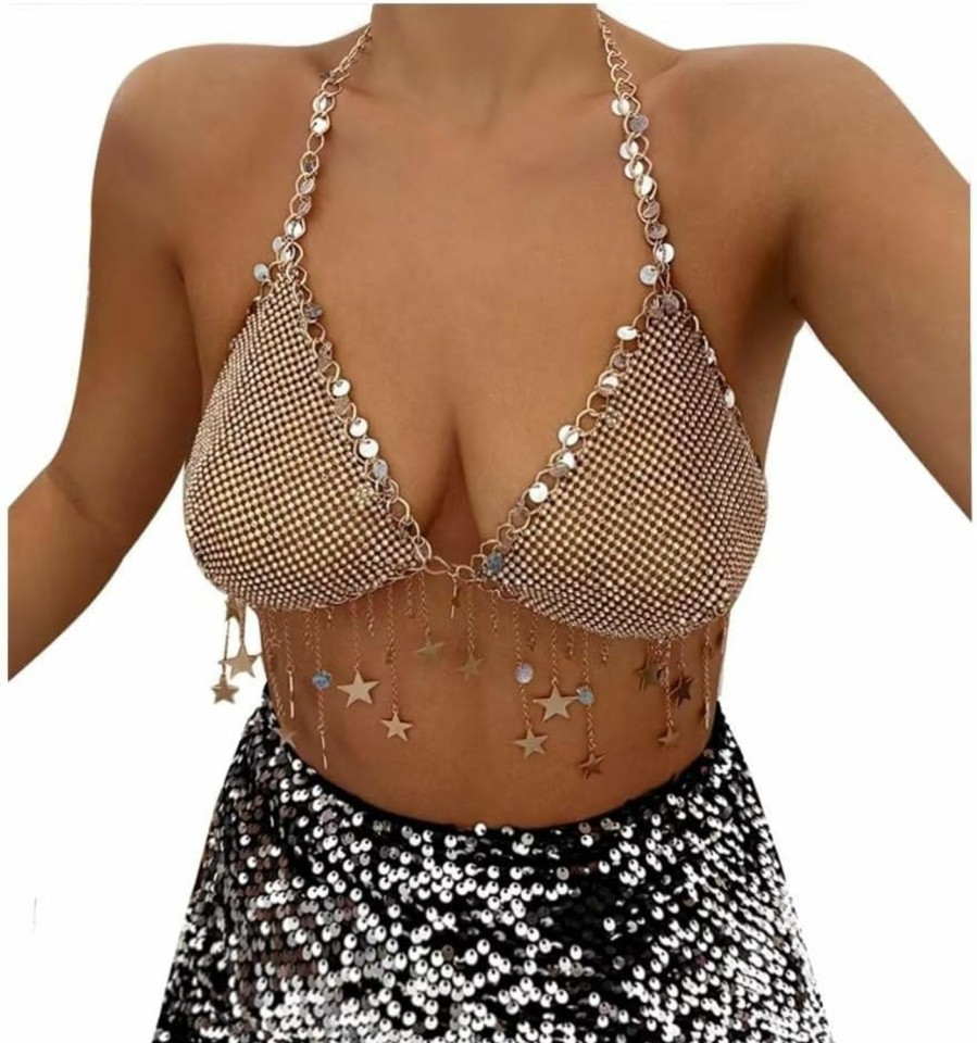 Body Chains | Eyraevor Women Sparkly Rhinestone Mesh Halter Bra Top Sequins Stars Chest Bikini Halter Crop Top Body Chain Jewerly For Festival Party Top