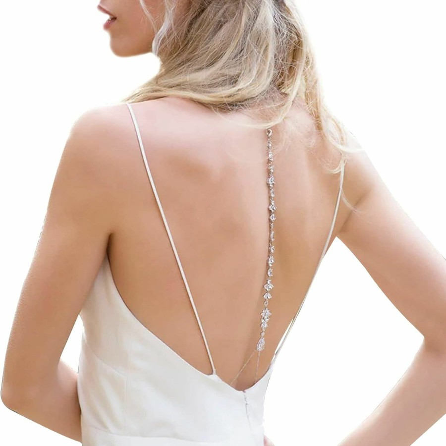 Body Chains | Leivkatuy Luxury Wedding Rhinestone Back Necklace Layered Bridal Rhinestone Back Chain Rhinestone Backdrop Necklace Body Chain Crystal Waist Chain Jewelry For Women (Back Chain-Silver)