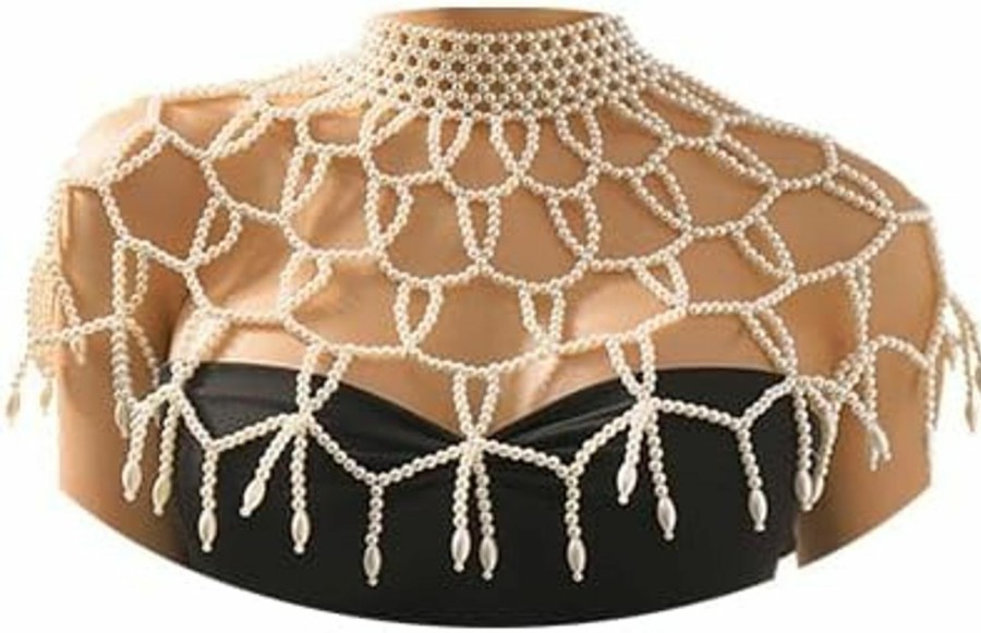 Body Chains | Aiosy Aiosy Pearls Body Chain Shawl Necklace Pearl Bra Shoulder Chain Top Beaded Backless Chest Chains Rave Outfit For Women Sexy Festival Party Birthday