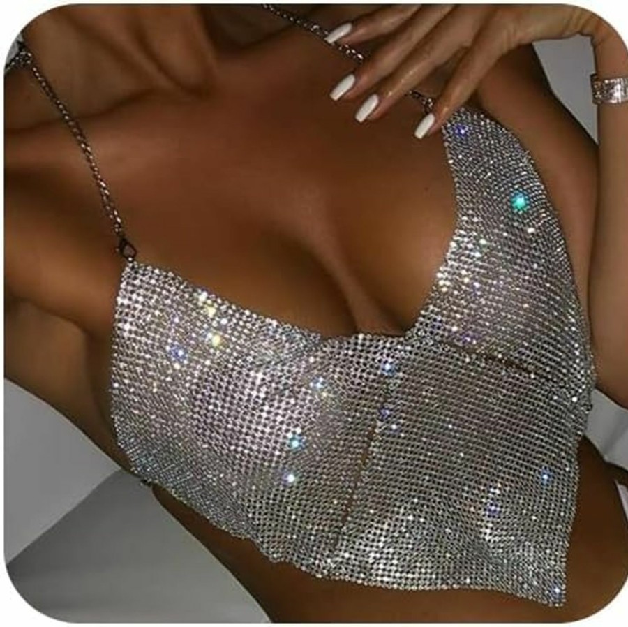 Body Chains | Metisee Metisee Crystal Top Chain Silver Bra Chain Rhinestone Body Chains Sexy Chest Chain Bling Body Chain Summer Nightclub Rave Body Jewelry For Women And Girl