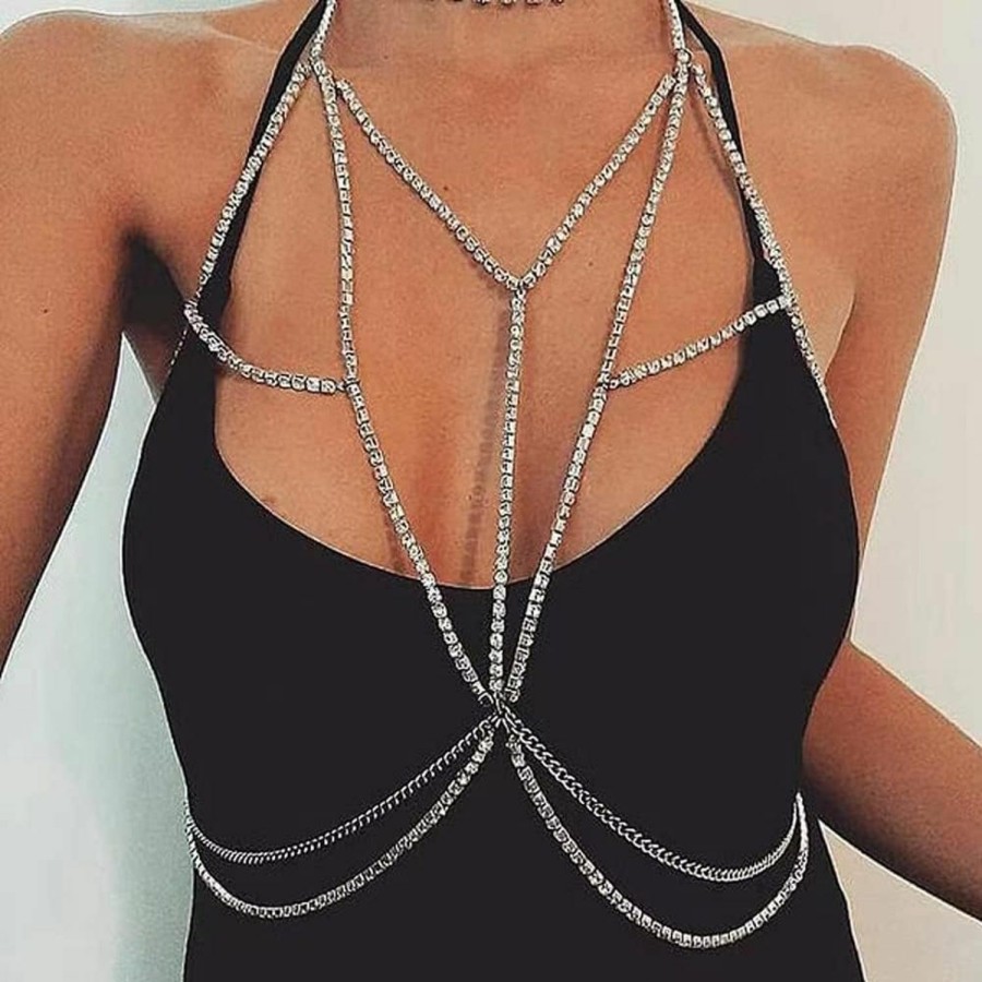 Body Chains | Rumtock Rumtock Bling Rhinestones Cossover Bra Chain Harness Chest Chain For Women Girls Bikini Jewelry Nightclub Statement Body Chain