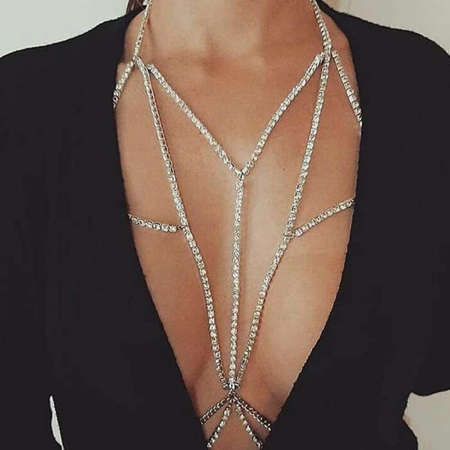 Body Chains | Rumtock Rumtock Bling Rhinestones Cossover Bra Chain Harness Chest Chain For Women Girls Bikini Jewelry Nightclub Statement Body Chain