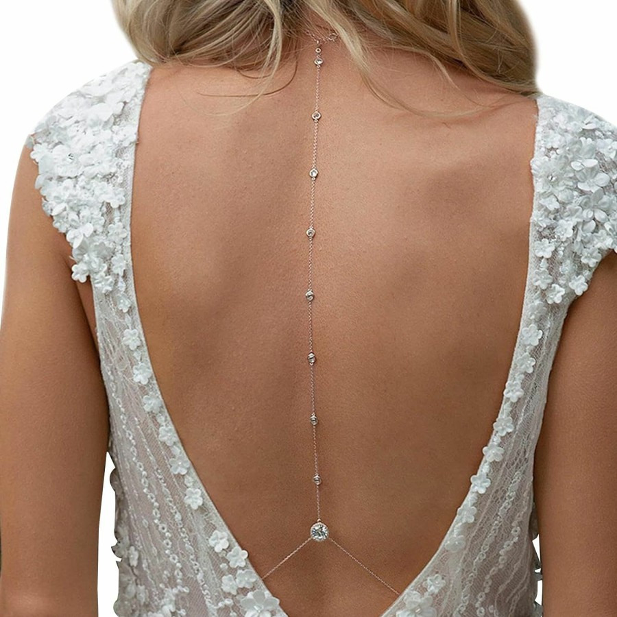 Body Chains | Cusmyre Rhinestone Waterdrop Back Chain Necklace Bridal Wedding Backdrop Chain Crystal Choker Long Body Chain Necklace Rhinestone Waist Belly Chain Jewelry For Women (Rhinestone-Gold)