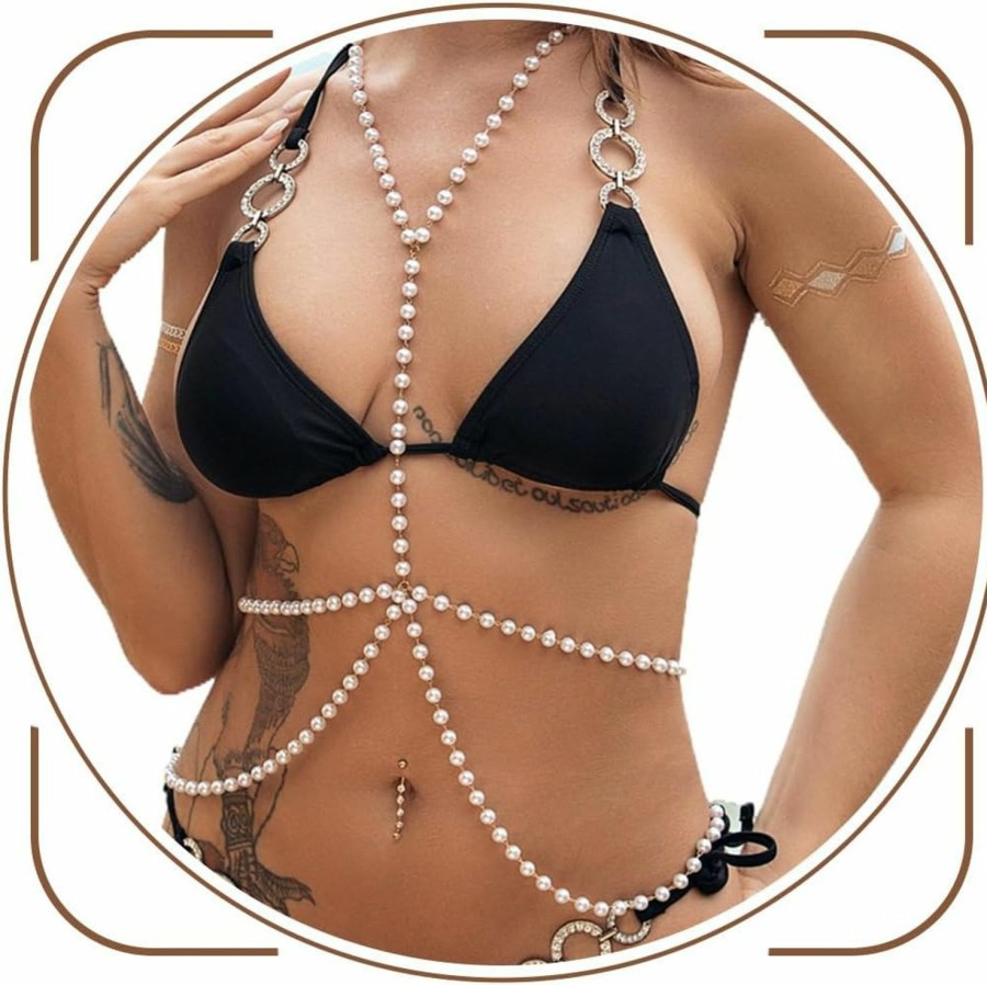 Body Chains | REETAN Reetan Pearl Body Chain Layered Chest Chain Rave Party Bra Chain Fashion Body Jewelry For Women And Girls